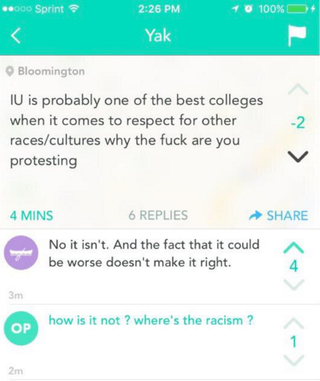 Illustration for article titled Solidarity With Mizzou's Black Students Prompts 'Equality Bullshit,' 'Blafricoons' Yik Yaks at IU